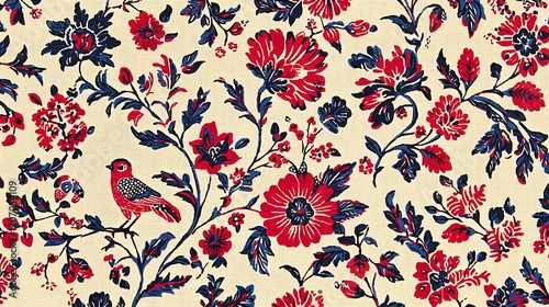 Red and blue floral textile pattern; bird; design; fabric; background; home decor