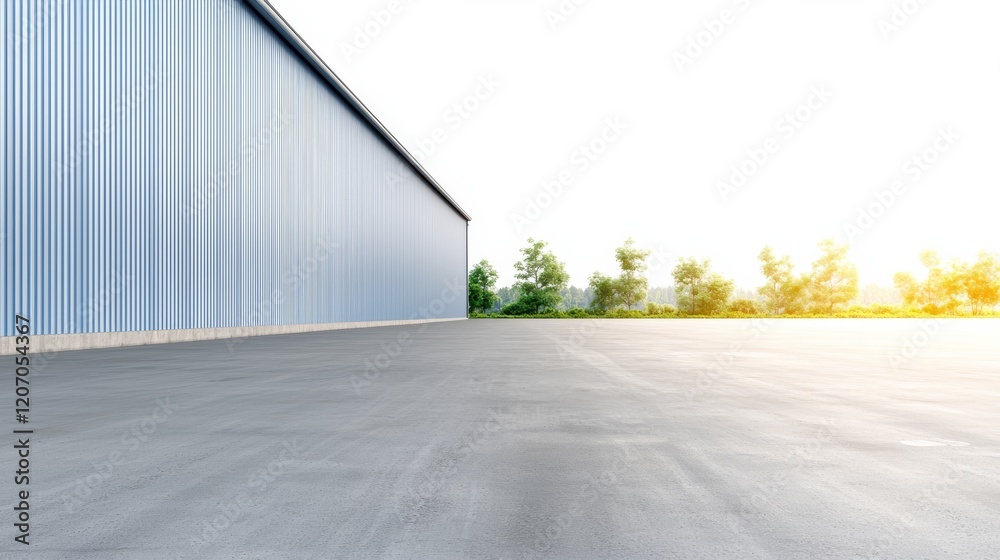 Fototapeta premium Blue Corrugated Metal Building Exterior, Concrete Ground, Trees, Landscape, Architecture, Industrial. Warehouse, Factory