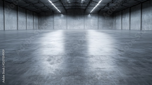 Empty Concrete Warehouse Interior Wide Shot, Reflective Floor, Industrial Architecture, Warehouse Lighting Industrial Photography, Concrete Texture