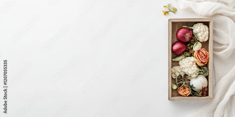 Wooden crate with red onions, cauliflower, and roses on white background. Wooden crate with red onions, cauliflower, and roses on white background.