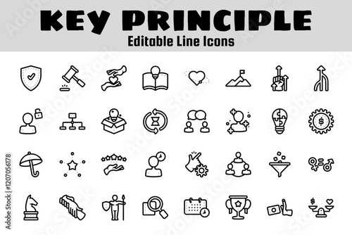 Key principle outline icon set related to core value, motivation, deology, knowledge, principle, and others. Vector illustration.