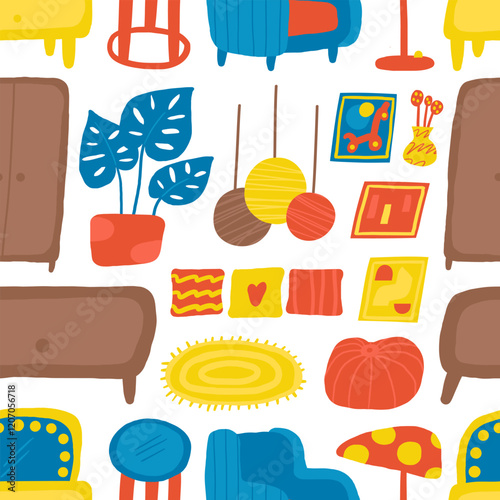 Living, bedroom interior seamless pattern. Cute hand drawn doodle house furniture repeatable pattern with lamp, ceiling light, pillows, carpet, armchair, wall picture, boudoir. Modern room background