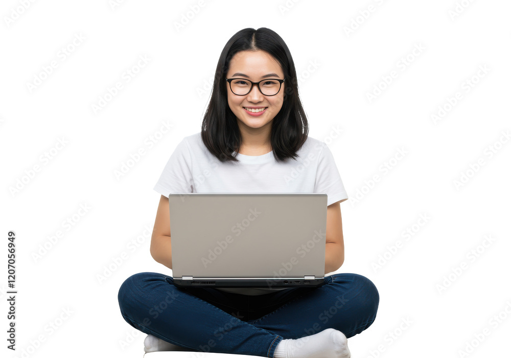 Young woman with glasses sitting on a white sofa using a laptop, casual outfit, isolated on white background Young woman with glasses sitting on a white sofa using a laptop, casual outfit, isolated on white background