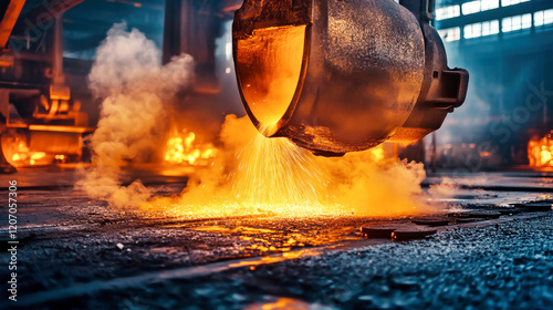 Molten iron pours into ingot mold as sparks fly in an industrial steel mill under smoky skies photo