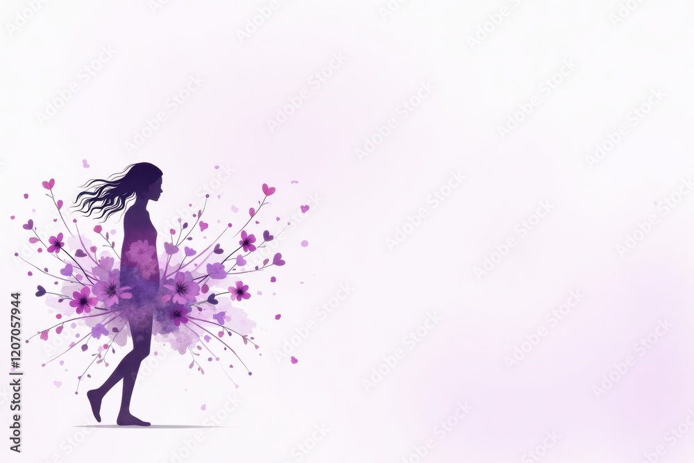 Obraz premium Background Copy-space for text. A dynamic silhouette of a girl with flowing purple flowers around her, representing International Women's Day.