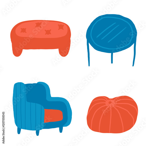 Bedroom, living room interior objects set. Cute hand drawn doodle house furniture, chair, armchair, pot, pouf, pouf chair, ottoman bag, sofa. Apartments elements set