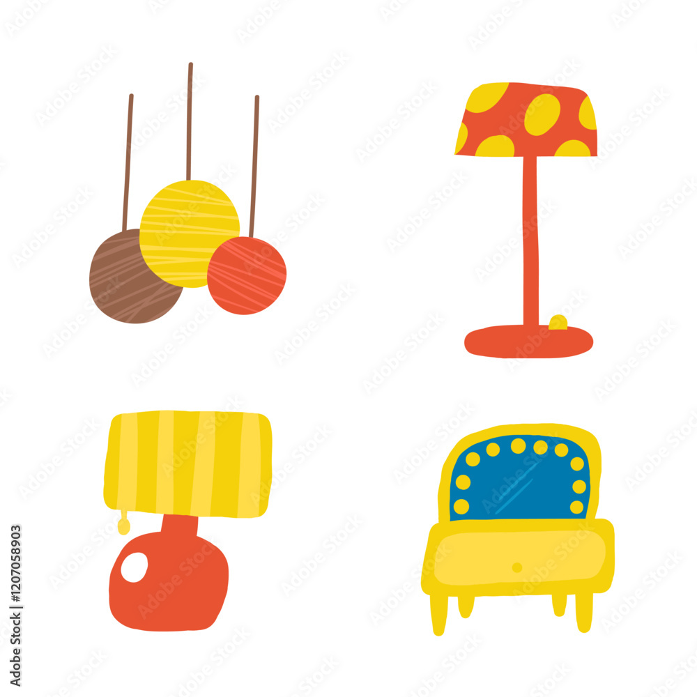 Bedroom, living room interior objects set. Cute hand drawn doodle house furniture, lamp, ceiling light, electricity, floor lamp, bulb, light, boudoir, dressing table, dressing table. Apartments elemen
