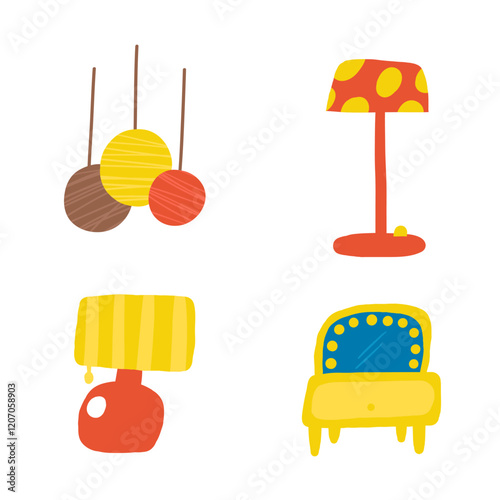 Bedroom, living room interior objects set. Cute hand drawn doodle house furniture, lamp, ceiling light, electricity, floor lamp, bulb, light, boudoir, dressing table, dressing table. Apartments elemen