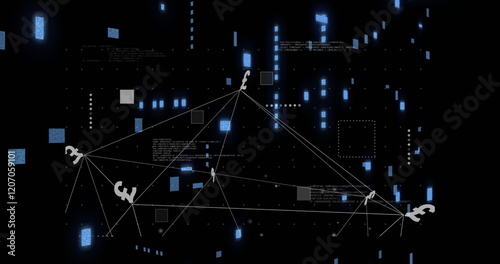 Currency symbols and network connections image over digital data background photo