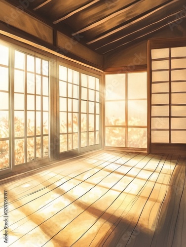 Sunlit Wooden Room With Lar...