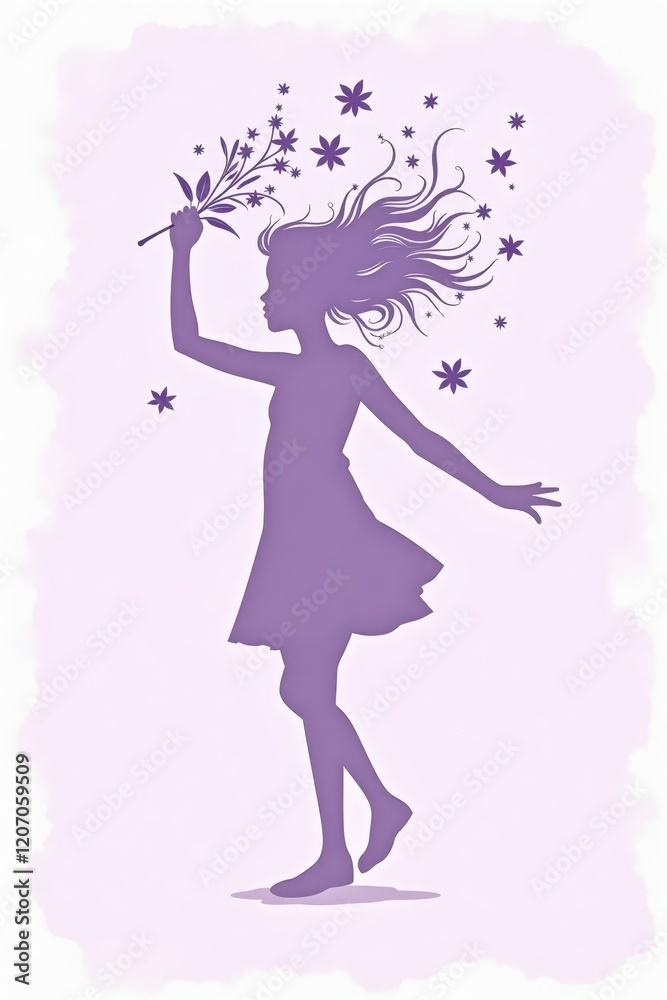 Background Copy-space for text. A dynamic silhouette of a girl with flowing purple flowers around her, representing International Women's Day. Background Copy-space for text. A dynamic silhouette of a girl with flowing purple flowers around her, representing International Women's Day.
