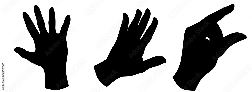 Hand gesture silhouette. Cartoon human sign, peace, okay, call position. Set of flat vector illustrations of palm gestures Vector collection of human hands with various gestures, Black hand silhouette Hand gesture silhouette. Cartoon human sign, peace, okay, call position. Set of flat vector illustrations of palm gestures Vector collection of human hands with various gestures, Black hand silhouette