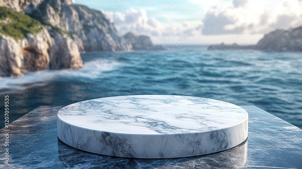 Naklejka premium White marble podium with blurred seascape in the background, product display mockup