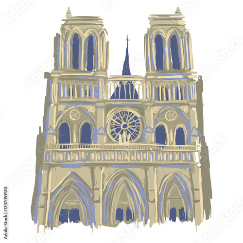 Notre Dame Cathedral, painting. Landmark of Paris, architectural monument. Ideal illustration for packaging design, bags and prints