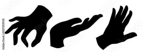 Hand gesture silhouette. Cartoon human sign, peace, okay, call position. Set of flat vector illustrations of palm gestures Vector collection of human hands with various gestures, Black hand silhouette