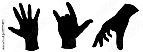 A series of black hand gestures on a white background. Silhouette of palm, thumbs up and rock and roll symbol. Creative abstraction with movement.