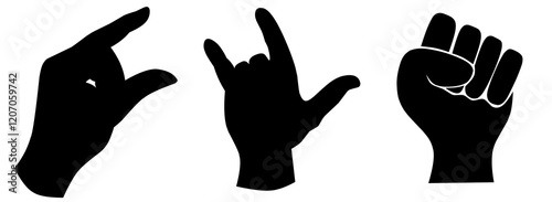 A series of black hand gestures on a white background. Silhouette of palm, thumbs up and rock and roll symbol. Creative abstraction with movement.