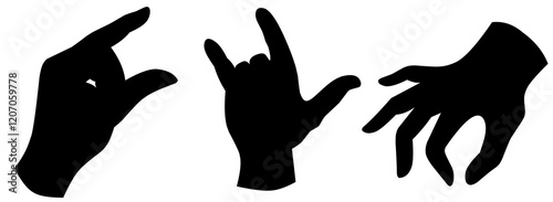 A series of black hand gestures on a white background. Silhouette of palm, thumbs up and rock and roll symbol. Creative abstraction with movement.