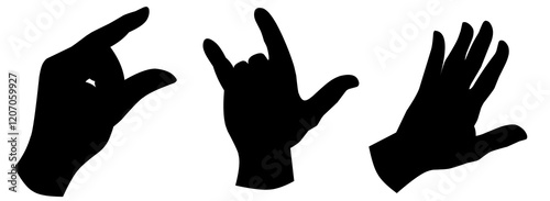 A series of black hand gestures on a white background. Silhouette of palm, thumbs up and rock and roll symbol. Creative abstraction with movement.