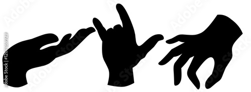 A series of black hand gestures on a white background. Silhouette of palm, thumbs up and rock and roll symbol. Creative abstraction with movement.