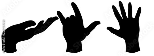 A series of black hand gestures on a white background. Silhouette of palm, thumbs up and rock and roll symbol. Creative abstraction with movement.
