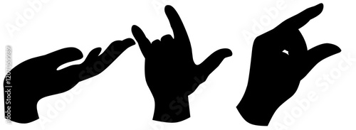 A series of black hand gestures on a white background. Silhouette of palm, thumbs up and rock and roll symbol. Creative abstraction with movement.
