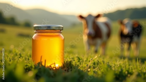 a jar of honey lies on the grass