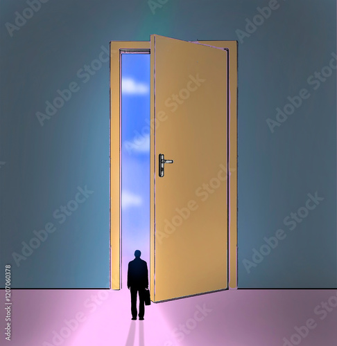 Surreal illustration of a businessman looking at the sky through an oversized open door