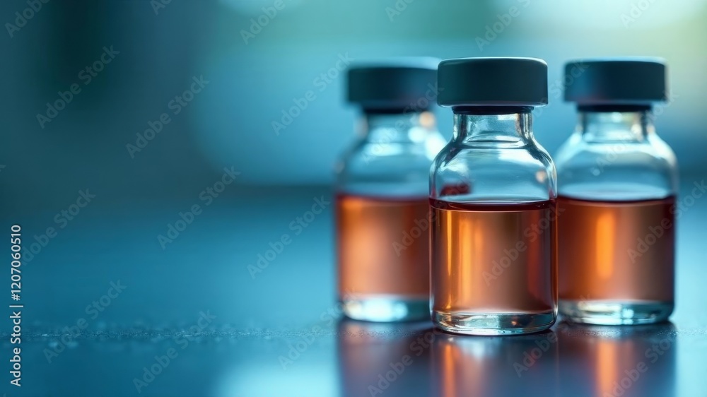 Glass jars with brown-colored vaccines stand on the table Glass jars with brown-colored vaccines stand on the table