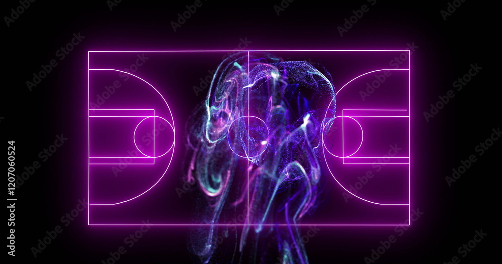 Fototapeta premium Neon basketball court lines with swirling abstract image in center