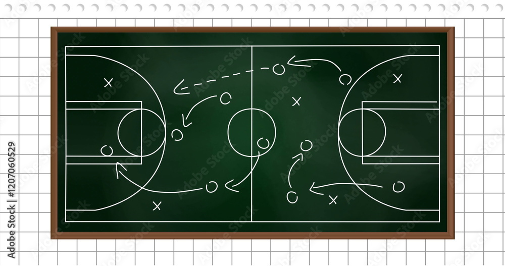 Fototapeta premium Basketball strategy image over chalkboard court diagram with player positions and arrows
