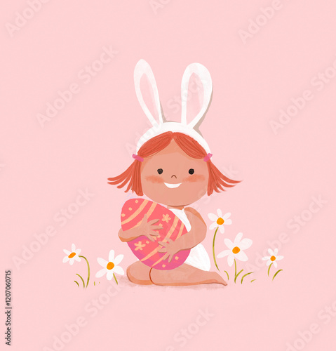 Illustration of a child with bunny ears holding an Easter egg surrounded by chamomile flowers photo