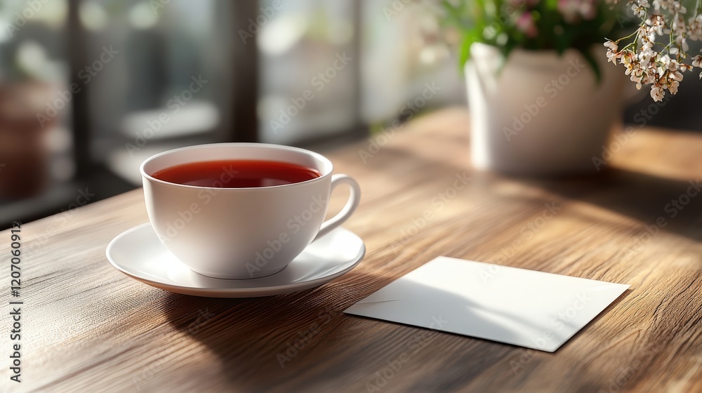 Serene Scene Featuring an Empty White Tea Cup Next to a Blank Note on a Wooden Table with Natural Light and Greenery in the Background Serene Scene Featuring an Empty White Tea Cup Next to a Blank Note on a Wooden Table with Natural Light and Greenery in the Background