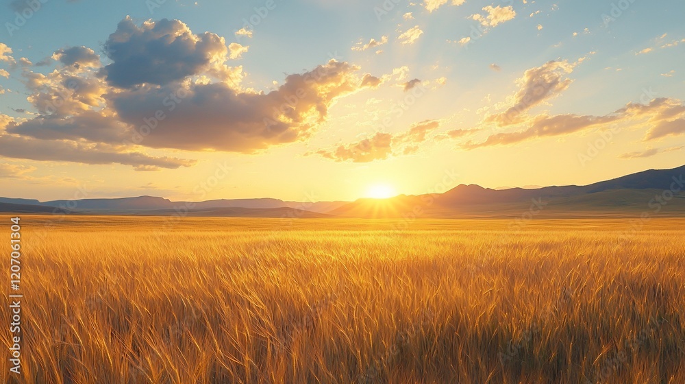 Golden wheat field at sunset with mountains in background. Golden wheat field at sunset with mountains in background.