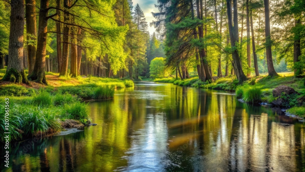 A tranquil river flowing through a peaceful forest, surrounded by tall trees and aquatic plants, waterway, natural scenery, nature photography A tranquil river flowing through a peaceful forest, surrounded by tall trees and aquatic plants, waterway, natural scenery, nature photography