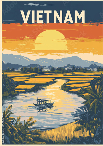 Vietnam rice fields illustration poster