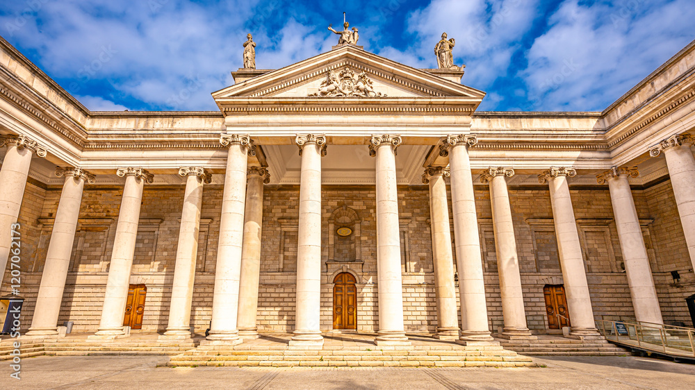 Neoclassical facade of the Bank of Ireland in Dublin with columns and statues Neoclassical facade of the Bank of Ireland in Dublin with columns and statues