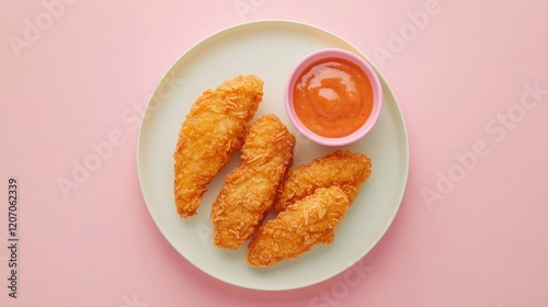 Crispy Fried Chicken Tenders with Sauce on Pink Background