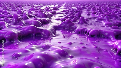 a vast expanse of violet slime spread across the ground, industrial destruction, ecological disaster, toxic runoff, polluted terrain
