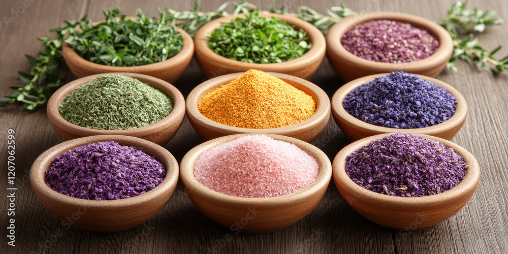 A vibrant array of colorful spices and herbs displayed in clay bowls, showcasing various textures and hues on a wooden surface. A vibrant array of colorful spices and herbs displayed in clay bowls, showcasing various textures and hues on a wooden surface.