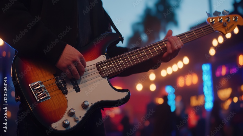 Obraz premium A musician plays a bass guitar at a vibrant outdoor event, surrounded by colorful lights and a festive atmosphere.