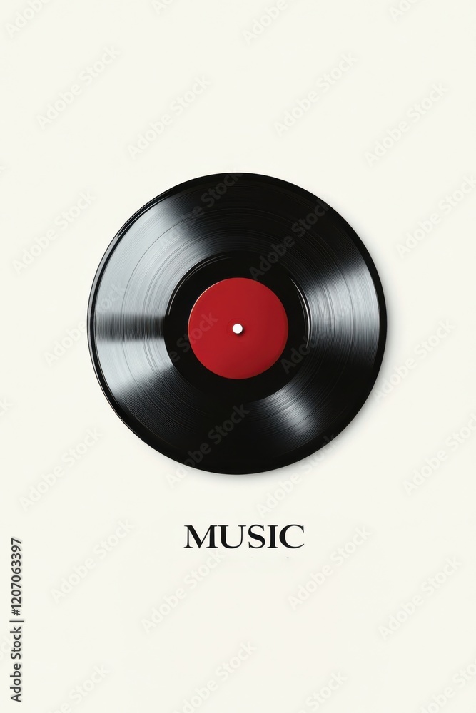 A classic vinyl record with a red center, accompanied by the word A classic vinyl record with a red center, accompanied by the word