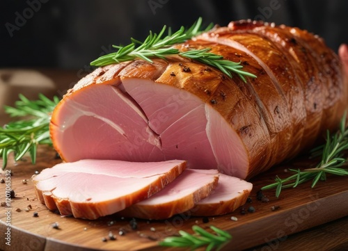 A well-dressed sliced ham with glaze and rosemary sprinkled on top , white background, , sprinkled
