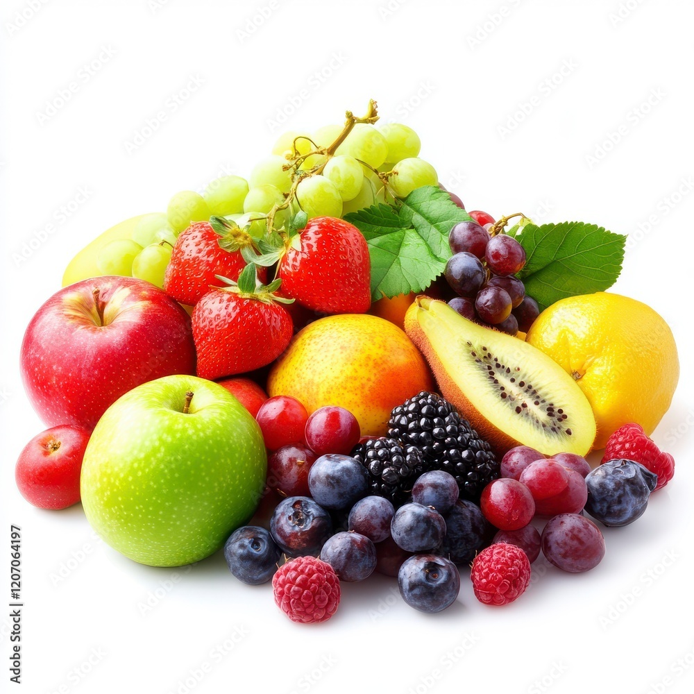 Ripe, juicy colorful fruits like apples, pears, grapes, sit isolated on a white background, perfect for healthy diets and fresh fruit desserts Ripe, juicy colorful fruits like apples, pears, grapes, sit isolated on a white background, perfect for healthy diets and fresh fruit desserts