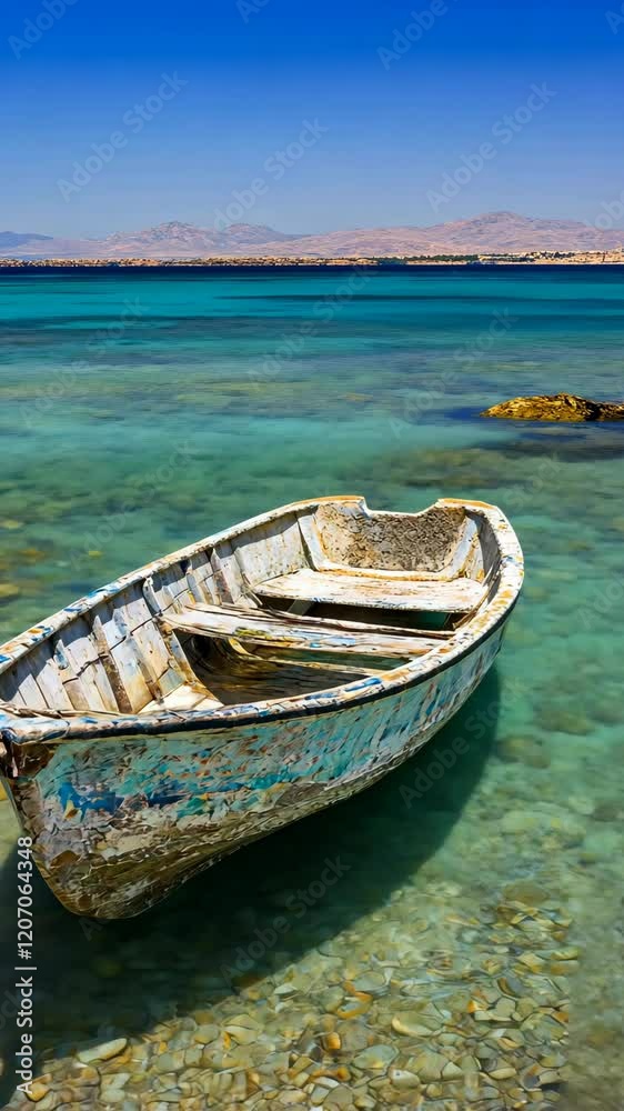 Old wooden boat rests peacefully on clear turquoise waters in a serene coastal area Old wooden boat rests peacefully on clear turquoise waters in a serene coastal area