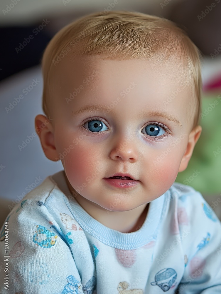 Blue-eyed baby in soft lighting, close-up portrait indoors. Blue-eyed baby in soft lighting, close-up portrait indoors.