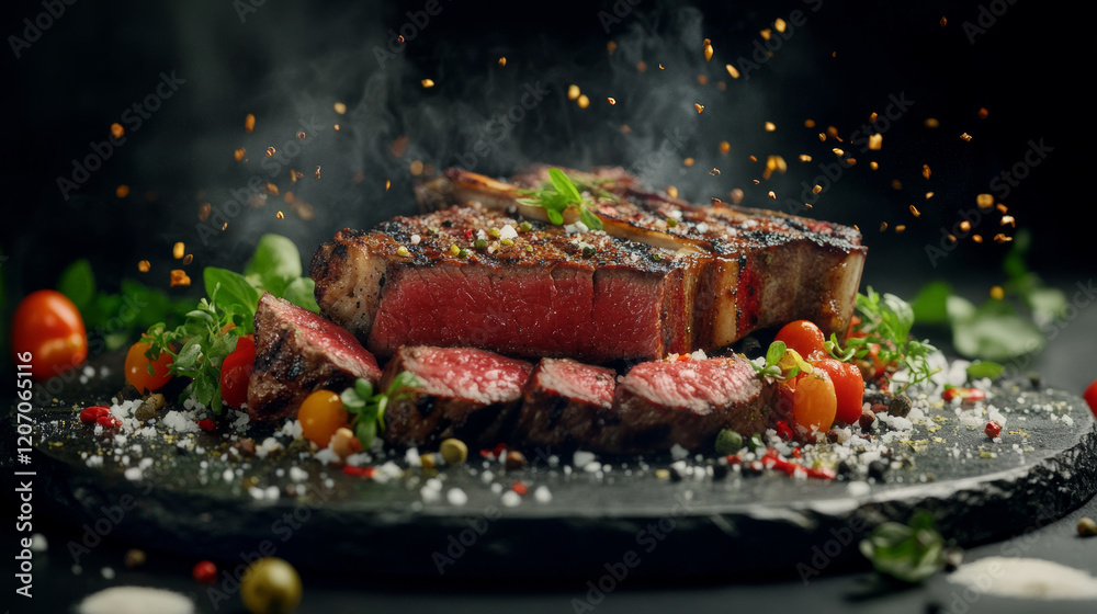 Fototapeta premium Artistic arrangement of barbecue T bone steak with fresh herbs, tomatoes, and spices, creating mouthwatering presentation. smoky aroma enhances visual appeal