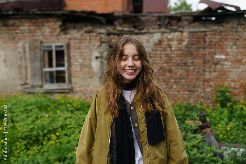 Smiling woman wearing jacket at back yard Smiling woman wearing jacket at back yard