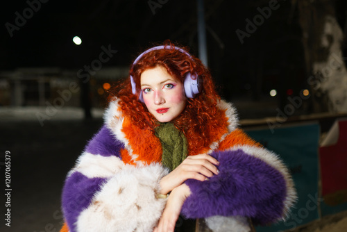 Beautiful woman wearing headphone at street photo