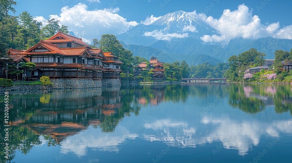 Fototapeta premium Serene Japanese Lakeside Village with Majestic Mountain View